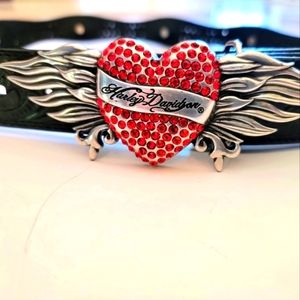 Harley Davidson Belt. Black Leather. Silver Heart Buckle w/Red Rhinestones.Sz 34